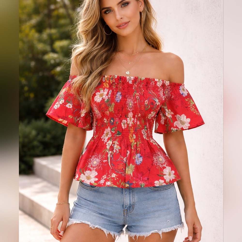 Parker Red Floral Off-Shoulder Blouse